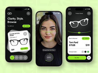 Eyeglasses: AI Mobile App UI 3d branding design graphic design illustration logo typography ui ux vector