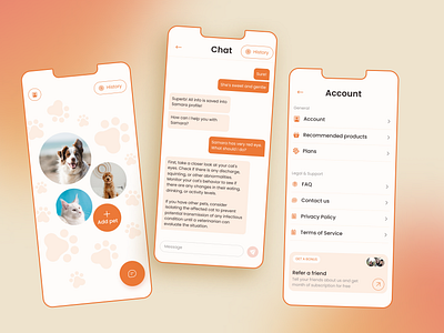 AI-based Pet Care Mobile App | Pet Well-being ai artificial intelligence chat chat gpt communication daily ui dog cat inspiration ios messenger mobile app orange pet pet health pet owner pet wellbeing social app ui userinterface vet