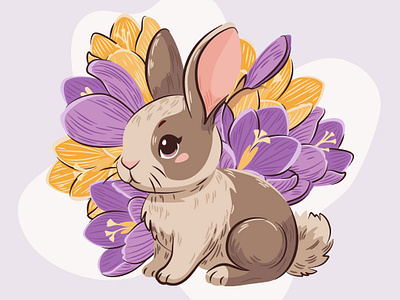 Bunny with Crocuses adorable april blossom bunny crocus cute easter easter bunny flowers fluffy hare illustration joyful pastel rabbit spring spring composition springtime vector illustration whimsical