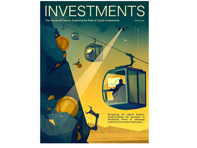 Editorial illustration. Crypto investments article bitcoin charts crypto cryptocurrency dron editorial funicular futuristic illustration investments mining mountain robot tech