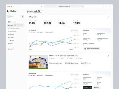 My Portfolio - Real Estate Web App b2b saas design earning import properties investing dashboard investor web app mark as sold portfolio dashboard property details real estate performance real estate web app refinance saas web app