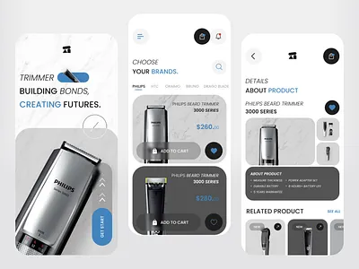E-Commerce mobile application UI/UX app design inspiration blue branding dark grey e commerce get started screen glassmorphism grey home screen light grey light mode mobile app poppins product product design ui ui ux design user experience ux white