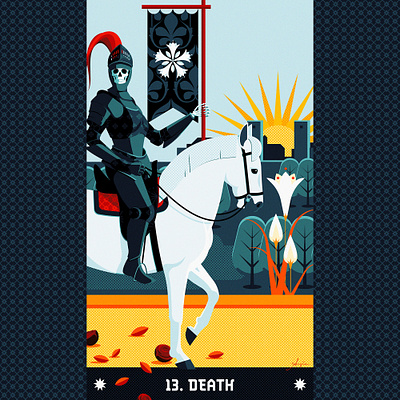 Tarot card #13: Death adobe illustrator artist blue card contrast daily art death deck digital artist flag flat design horse illustration stylized sunrise tarot vector vector illustration women