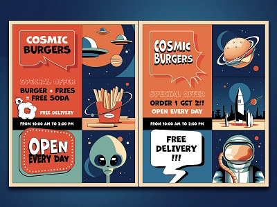 Comic Book Style Fast Food Flyer Set alien astronaut branding burger cartoon comic book style comics design diner editable template fast food flyer flyer template fries illustration junk food flyer mid century retro space age vector vintage