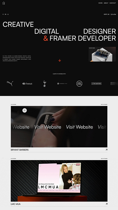 Sinyard Design Framer Portfolio Website black and orange branding dark mode design framer portfolio ui ux website