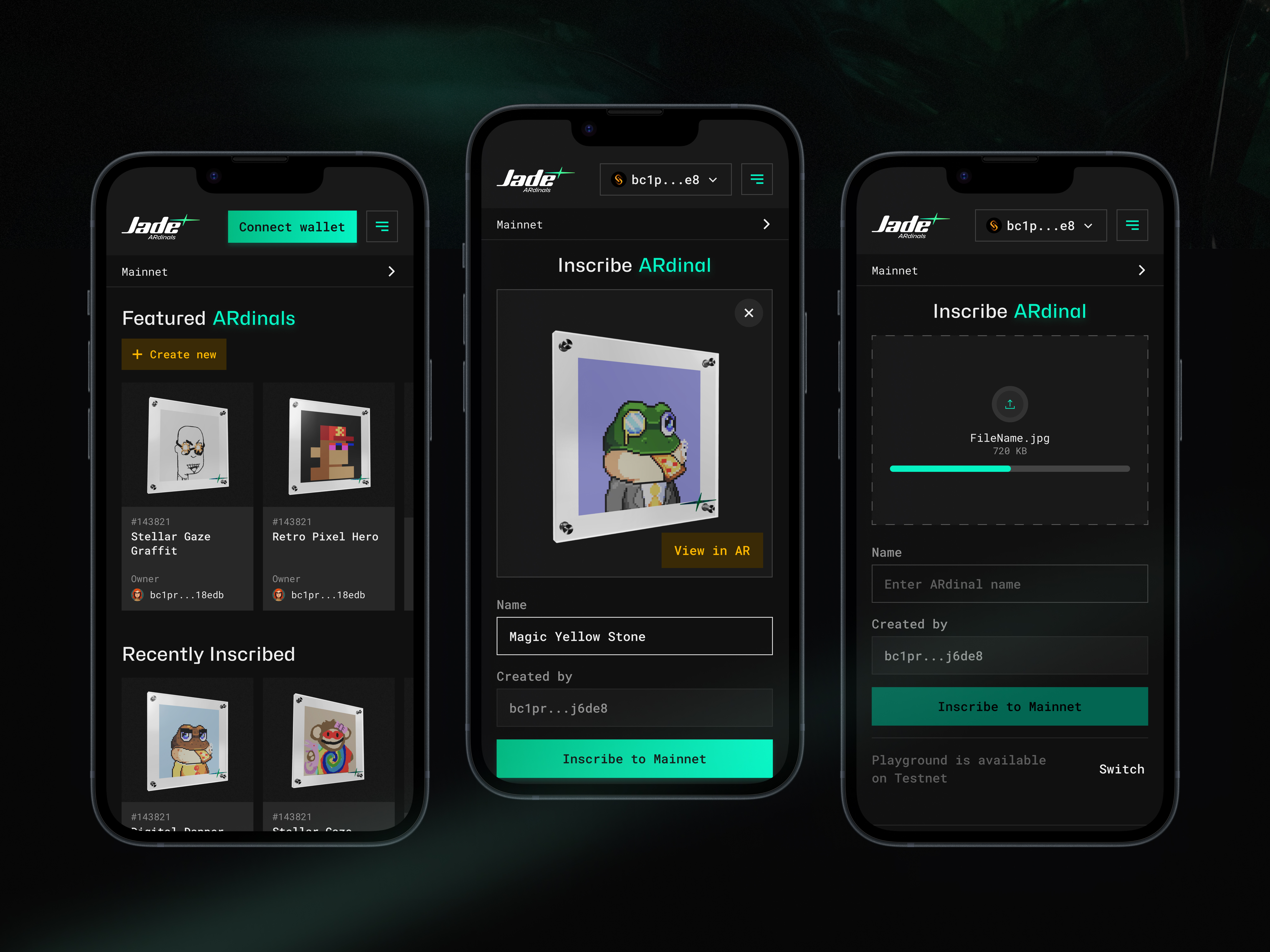 Jade ARdinals - NFT dApp mobile 3d app ar bitcoin btc crypto dapp dark fintech mobile nft ui ux wallet web3