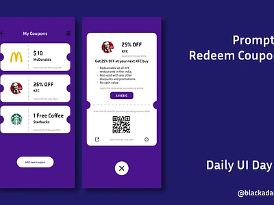 DailyUI | Day 61 | Redeem Coupon appdesign couponapp creativedesign dailyui day61 designchallenge designinspiration digitaldesign graphicdesign interactiondesign interfacedesign mobileappdesign mobiledesign uidailychallenge uidesign uidesigncommunity userexperiencedesign userinterface uxdesign visualdesign