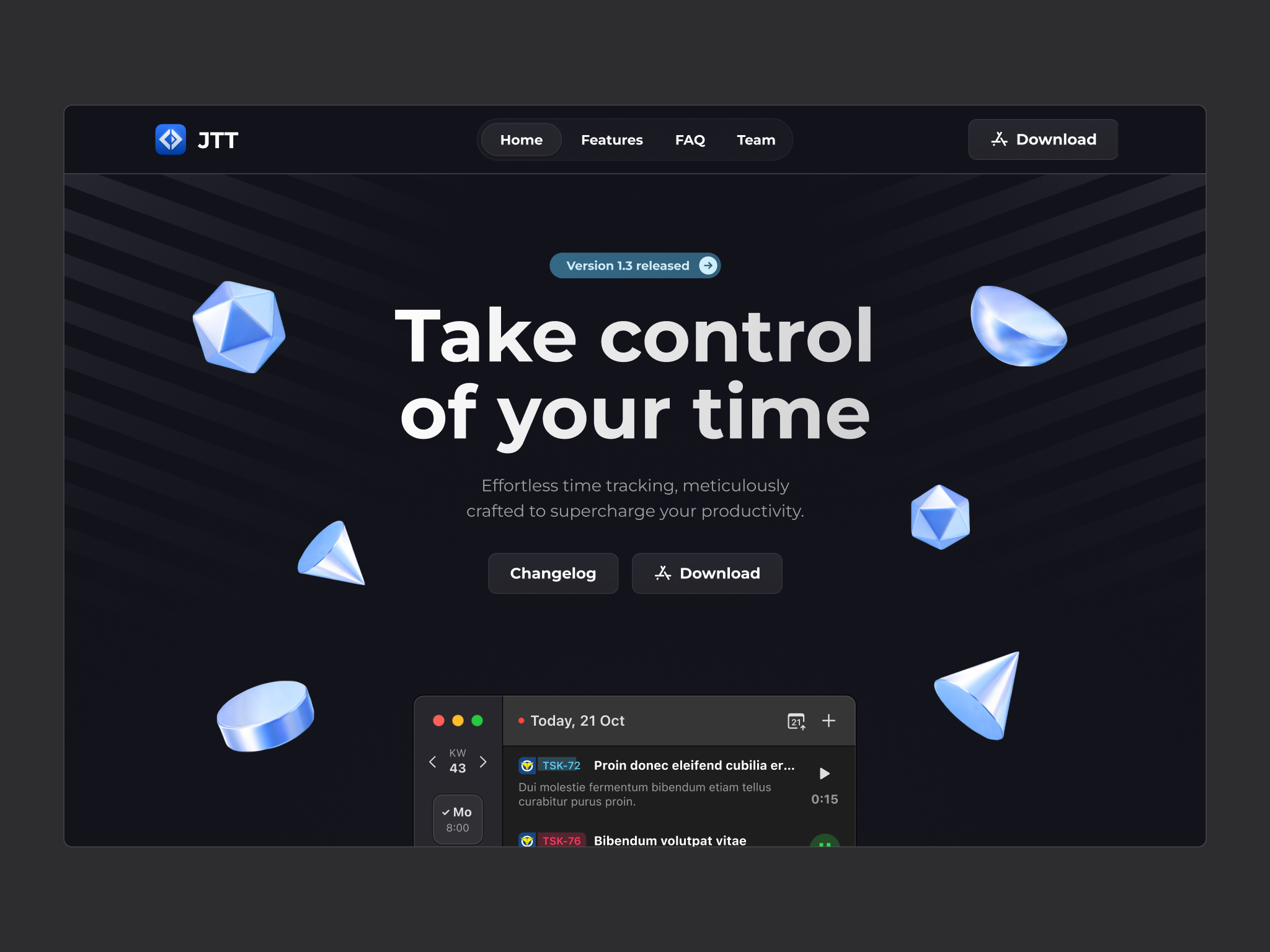 Jira Time Tracker - Website Exploration 3d shapes app hero jira lines macos time tracker website