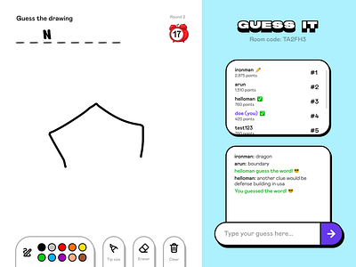 GUESS IT - Drawing Web Game Canvas UI Design canvas canvas ui draw drawing game drawing ui game game design game ui game web game web design gaming gui kids game landing page neubrutalism online game web design web game web game ui website design