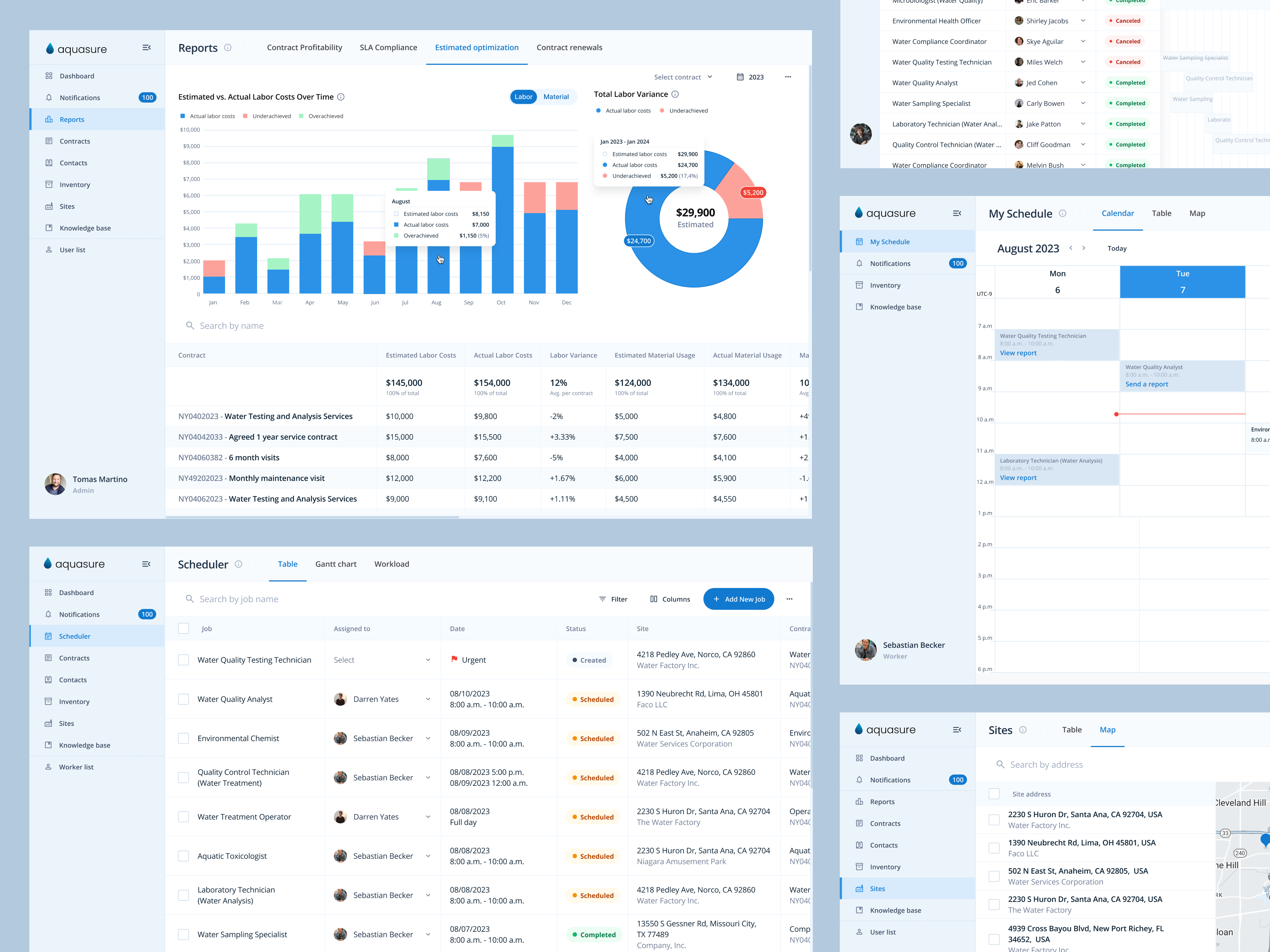 Aquasure management software b2b blue calendar chart gantt chart hover items list management menu pie chart reports saas scheduler side menu software system table ux water