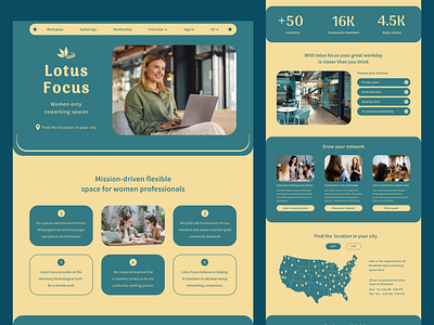 Coworking space landing concept branding co working space features section female focused female power flexible space hero section landing landing concept landing page location lotus map offices shared workspace teal turquoise women focused women only yellow