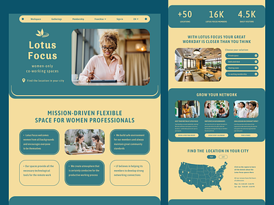Coworking space landing concept branding co working space features section female focused female power flexible space hero section landing landing concept landing page location lotus map offices shared workspace teal turquoise women focused women only yellow