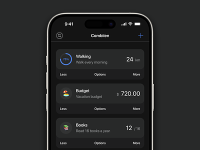 Combiien - Dark mode app cards circular dark design goals graph habit ios iphone layout list mobile mode options routine screen thumb track tracker