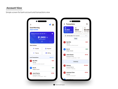 Bank Account & Transactions account app bank card design dropdown figma filter listing mobile payment qr search sort switch topup transaction transfer typography ui