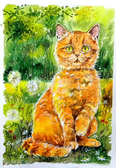 Original Ukrainian watercolor painting, Cat and Nature, Ukraine art cat hand painted handmade illustration nature paint painting ukraine