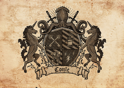 Conle - Coat of Arms character coat of arms design etching illustration illustrator keys knights kraken line art shield thread vintage wood block