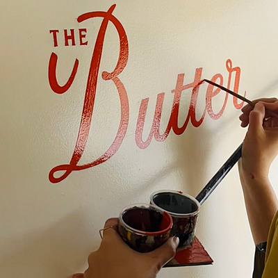 Hand painted coffee cart panel for - The Butter LA branding design hand painted logo sign graphics sign painter sign painting