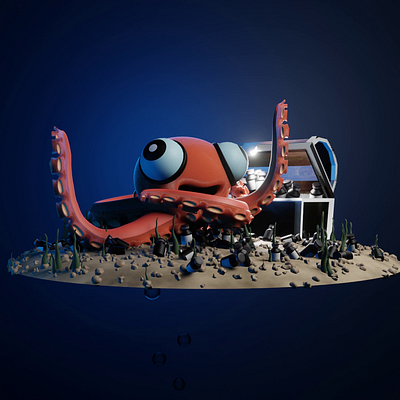 Wonka - The Octopus 3d blender blue chest design eyes leafs modelining octopus red shoots treasure under the sea