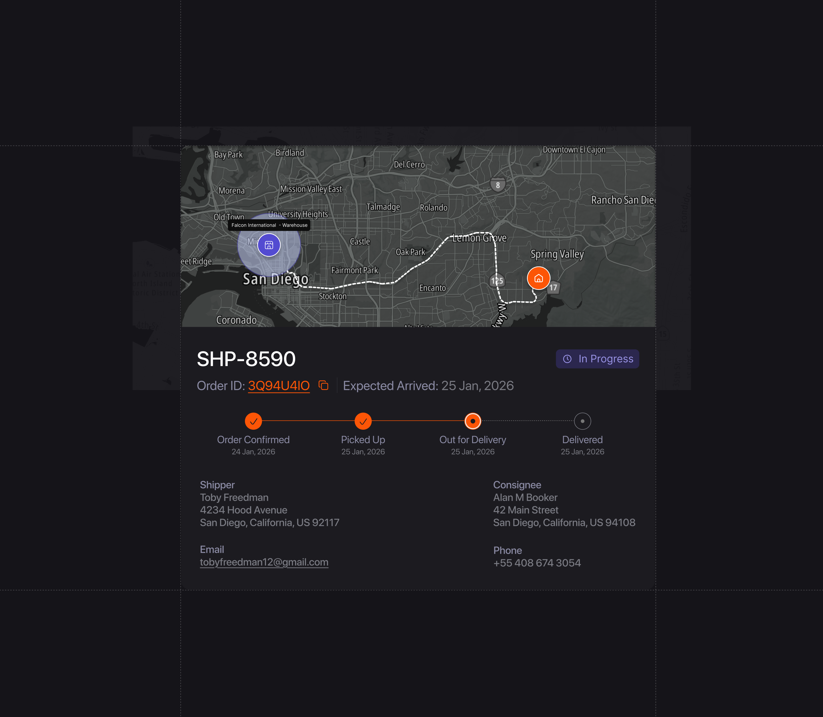 shipping tracking / dark theme. figma shipping ui ux