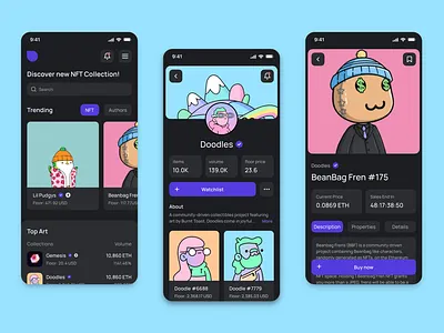 NFT Fintech Mobile App buy coin collections crypto dark mode dashboard design mobile nft search trending ui ux web