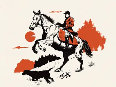 Huntmaster 2 color beer label craft beer dog drawing equine hand drawn high contrast horse hunting illustration landscape limited palette line art pen and ink retro vintage