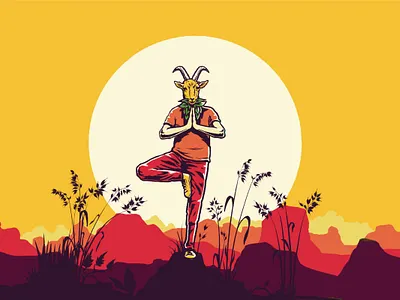 Goat Man Pale Ale - Thick N Thin Brewery beer label character craft beer drawing goat graphic design hand drawn illustration landscape limited palette line art linework mountains oat packaging pale ale yoga zen