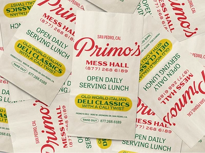 Primo's Deli: Takeout Bag branding california deli delivery design fast food graphic design illustration logo new york packaging paper bag retro san pedro takeout type typography vector