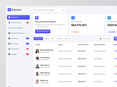 Paymont - Payroll Dashboard company company dashboard company finance company payroll dashboard design financial financial report hr management human resource payment statuses payroll payroll management product design saas saas dashboard ui ui design uiux worker