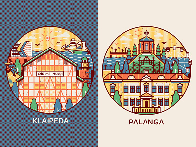 Klaipeda and Palanga Icons badge baltic cities emblem flat design illustration klaipeda landmarks line art lithuania lithuanian palanga sea symbols tourist travel