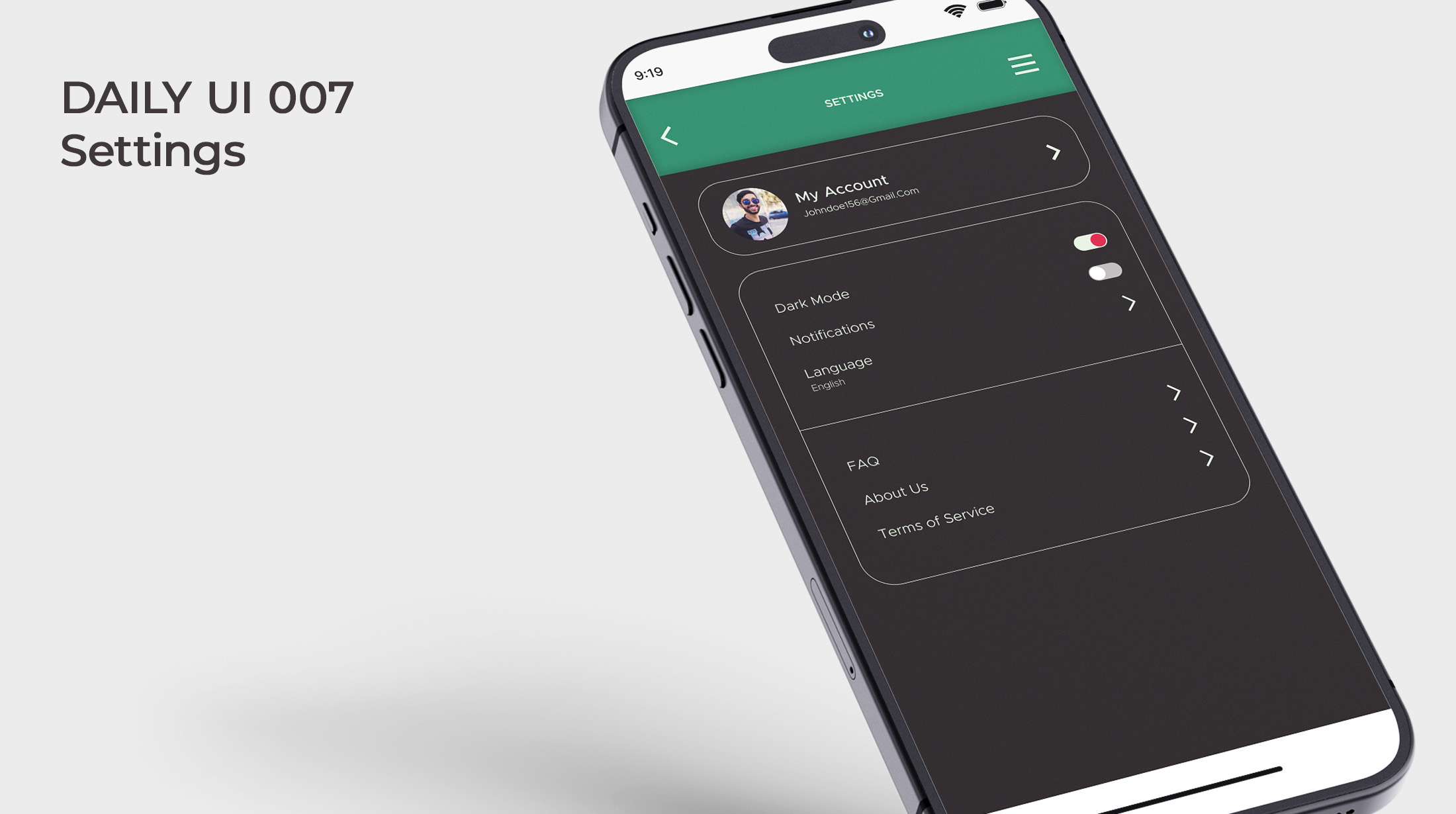 Daily UI 007 | Settings daily ui dark mode mobile app profile settings settings ui ui ux user interface