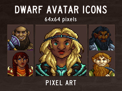 Free Dwarf Avatars 64×64 Pixel Icon Pack 2d 64x64 art asset assets avatar dwarf game game assets gamedev icon icons indie indie game pixel pixelart pixelated rpg set