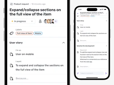 Product request page app details header members mobile page product design product request request scroll tags task user story