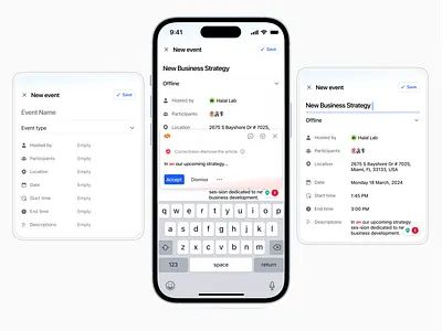 Create new event ai writing clean create new event empty field event field grammarly host location mobile app offline meeting productivity mobile app task management ui ux