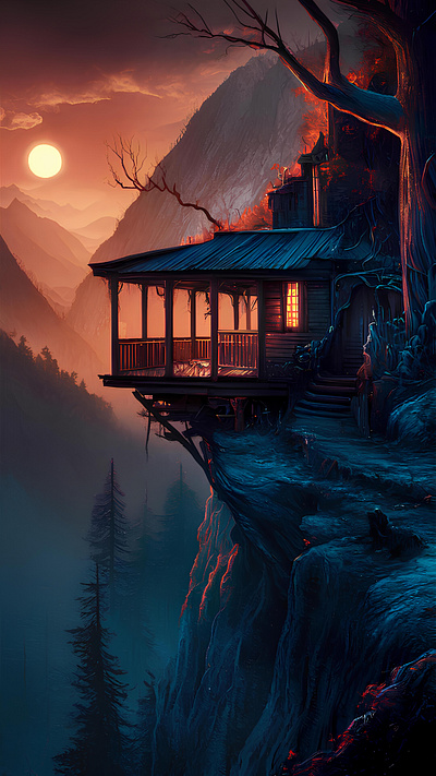 Wooden porch extending into a high mountain cliff porch