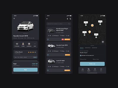 Carwah: UI/UX for Car Rental Mobile App automotive car rental dark theme ios map mobile app design product design rental transportation ui ux