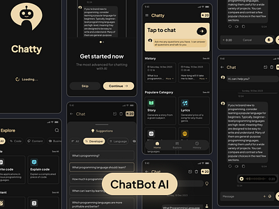 ChatBot AI Application ai animation application application design branding case study category page chat application chat page chatbot dark dark mode graphic design home page motion graphics ui ui design ux design website wireframe