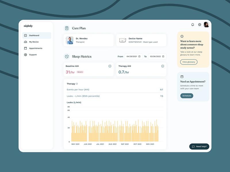 Nightly — Sleep Monitoring Service Dashboard analytics dashboard dashboard design data design graphic design healthcare interface nightly platform sleep sleep monitoring sleep patterns sleep tracker sleeping tracking ui ui design ux z1