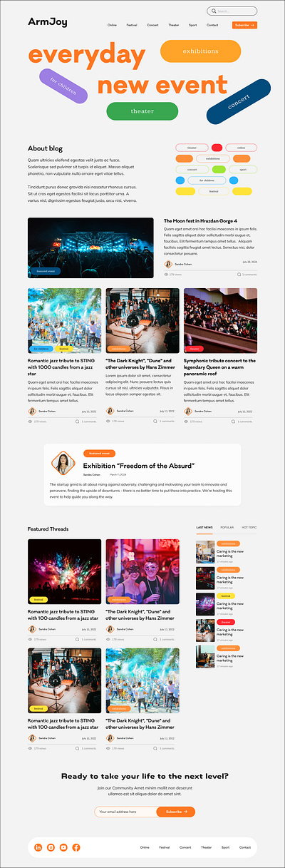 Blog / event blog / home page / single article about article author blog categories date event festival figma home page news popular search single article subscribe tag theater ui ux