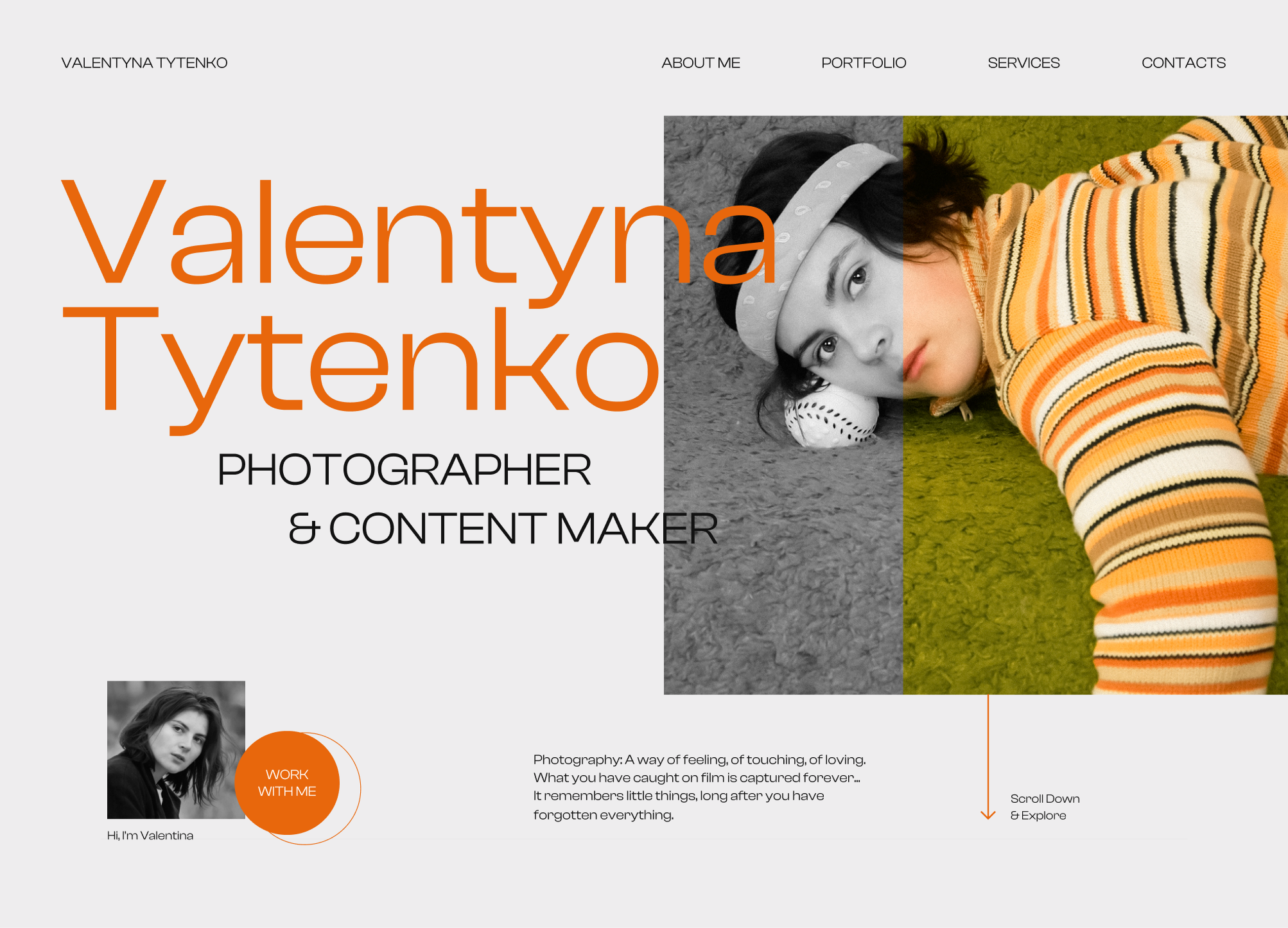 Photographer Landing Page UX/UI design branding bw creative design green hero section landing page orange photographer photographer landing photographer website portfolio smm smm portfolio ui ux website