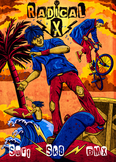 RADICAL X bmx california character design digital art graphic design illustration poster design product radical sk8 skateboard sports surf tshirt