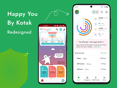Happy You by Kotak | Redesigned app emergency health app health track app home page mobile app mobile application shop steps tracker store