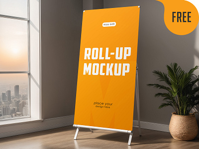 Free Roll-Up Banner in Office Mockup. AI Generated advertising banner billboard board display free freebie interior logo mockup office poster presentation promotion roll up rollup showcase signage stand