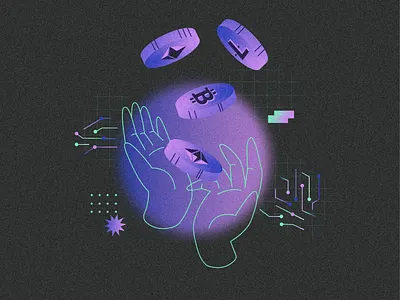 Crypto 2d art adobe illustrator bitcoin blockchain coins cryptocurrency design finance flat grain hands money neon shapes texture ui vector violet web illustration website header