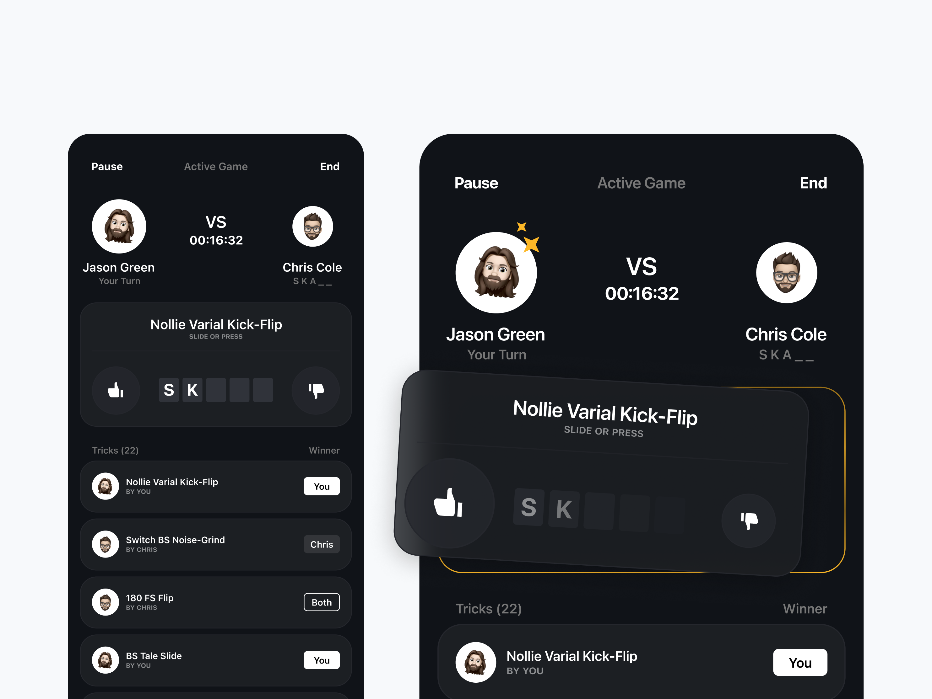 Game of S.K.A.T.E - Mobile App black and white competition dark theme game history list minimalist minimalist design mobile skate skateboard skateboarding social sport ui ux vs win winner winning