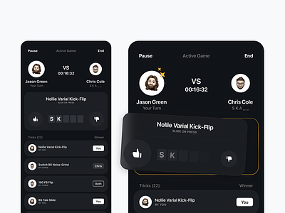 Game of S.K.A.T.E - Mobile App black and white competition dark theme game history list minimalist minimalist design mobile skate skateboard skateboarding social sport ui ux vs win winner winning