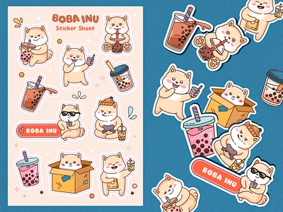 Boba Inu Sheet of Stickers boba branding bubble character color colorful cool cute design illustration kawaii shiba inu sticker stickers tea vector