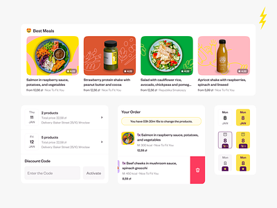 Jemmmy - dietary catering app components app calendar calories catering cleanui components design diet dribbble illustration marketplace meals mobile order plan promo ui cards ui kit ux