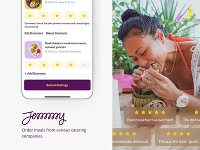 Jemmmy - dietary catering app app calories catering cleanui comment delivery design diet history logo meal mobile order ratings ui