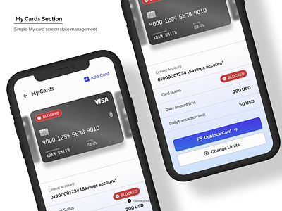 My Cards Section - Banking App add app banking blocked branding card change clean ui design figma graphic design grid list minimal mobile table tag typography ui unblock