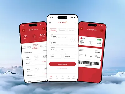 Air India Flight Booking App - Redesign air india air india app airline airline app app design boarding pass booking flight flight app flight booking flight booking app flight search flights app minimal plane booking redesign ticket app ticket booking travel ui design